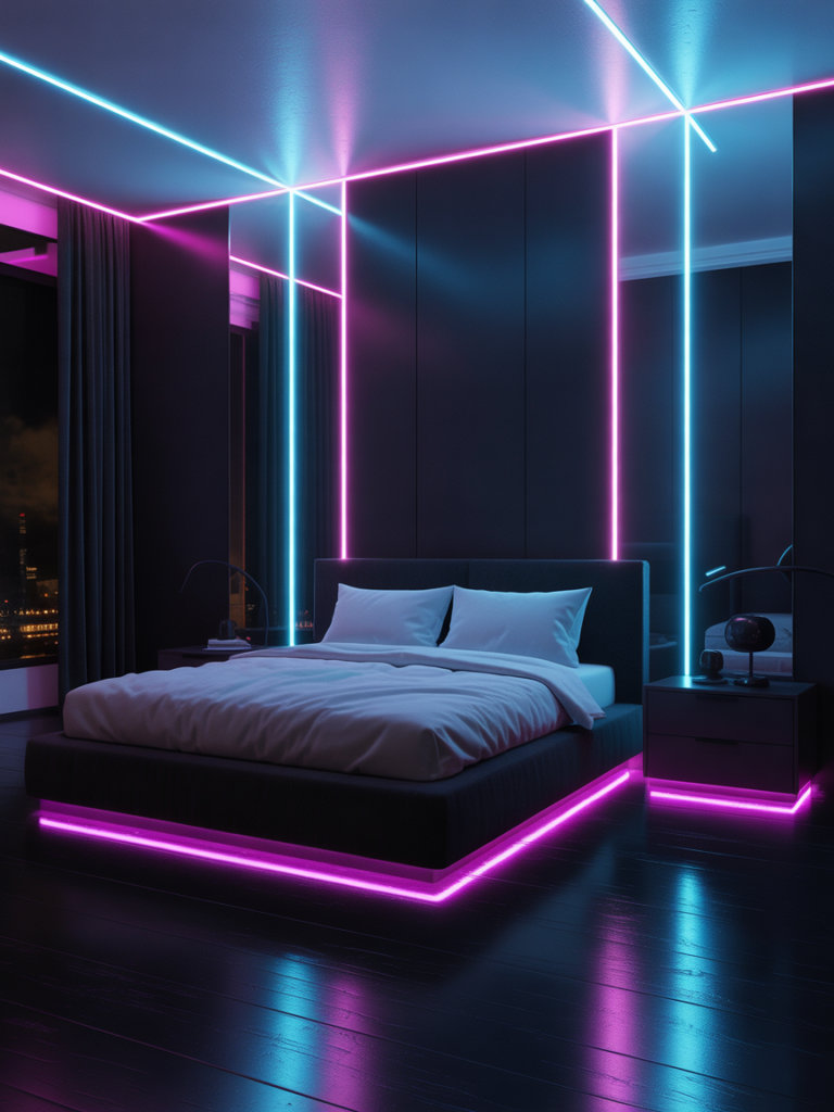 Black Bedroom with Neon Accents