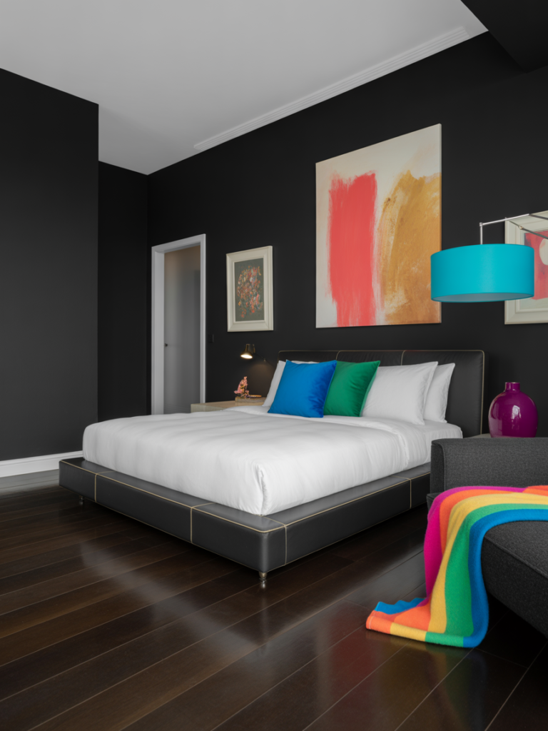 Black Bedroom with Pops of Color