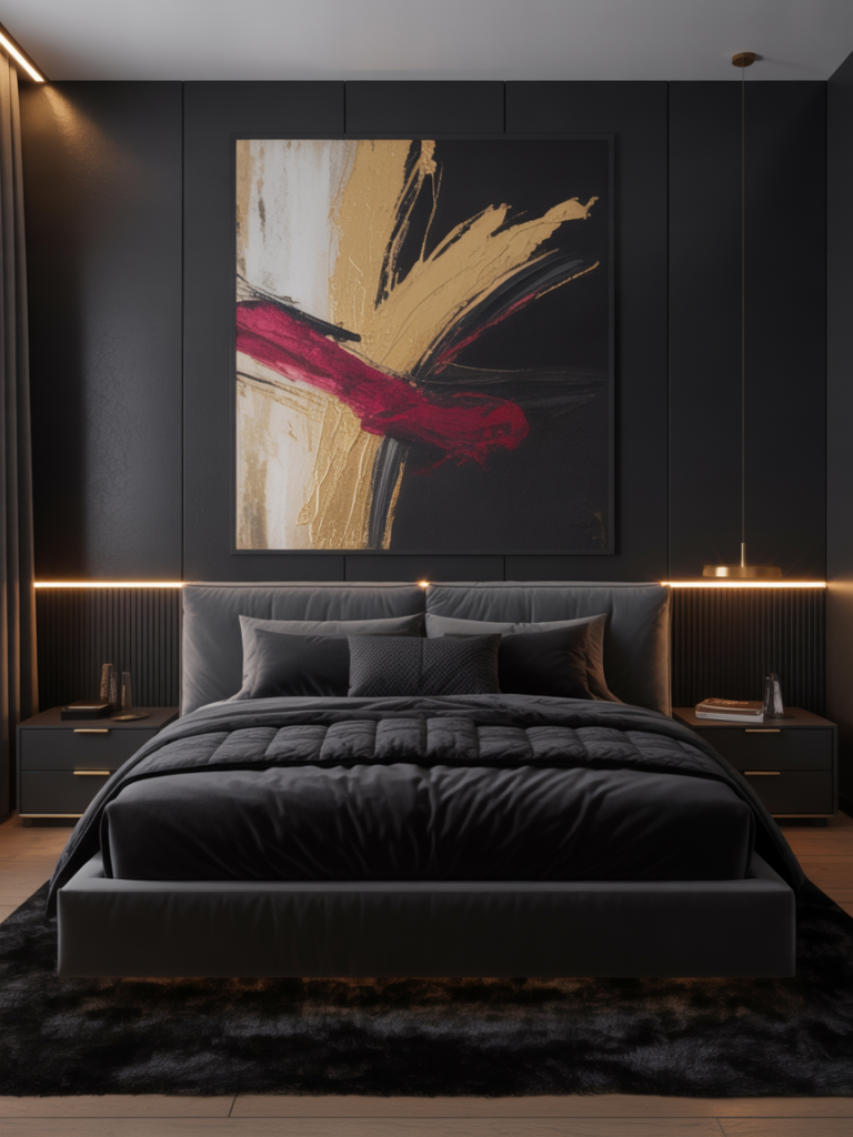 Black Bedroom with Statement Art