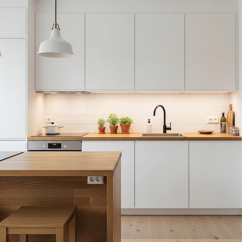 Minimalist White Kitchen with Warm Wood Accents for IKEA Kitchen