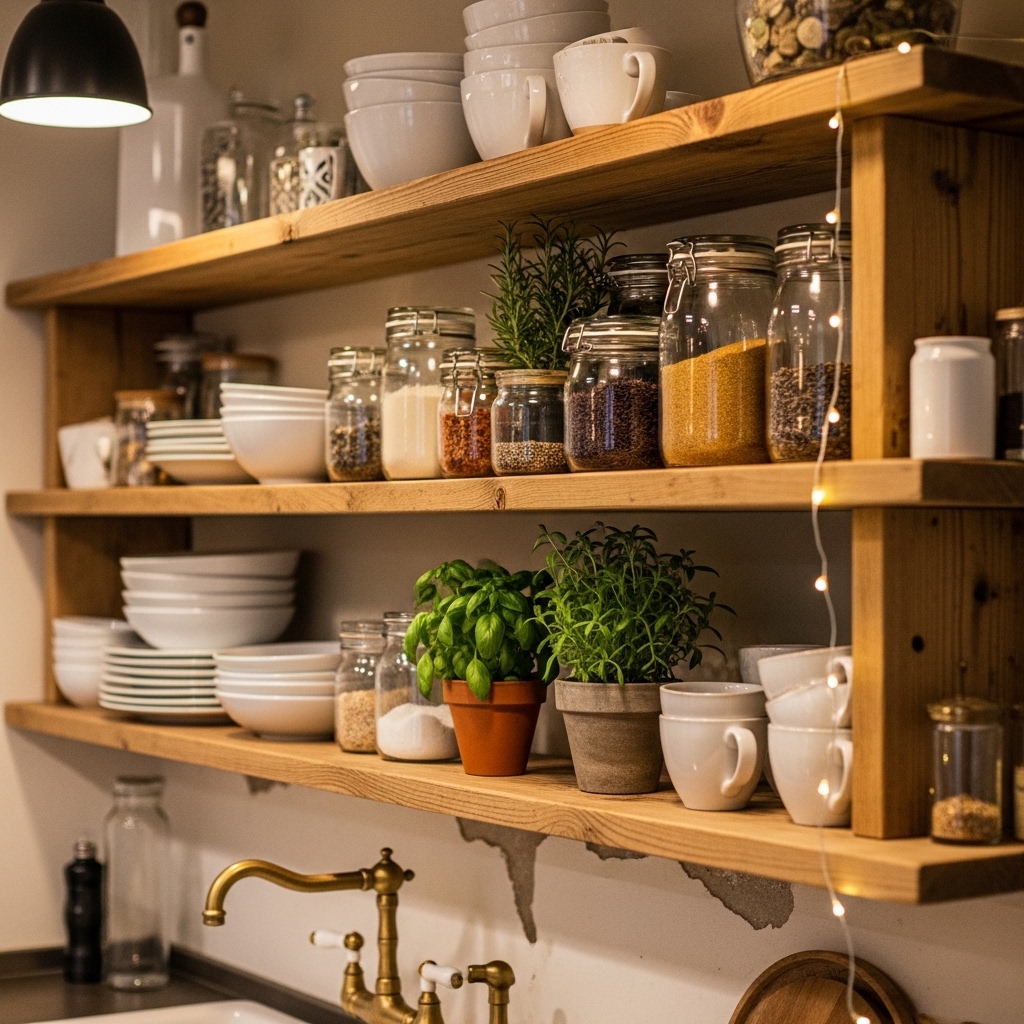 Open Wooden Shelves for That Warm Cozy Glow