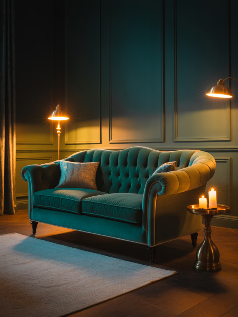 Velvet Green Sofa Moody Lighting