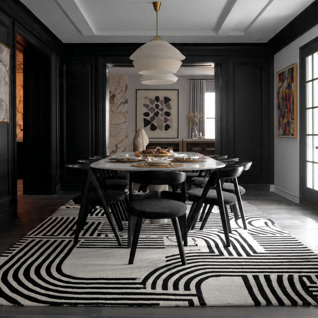 black and white graphic rug for dining room rug