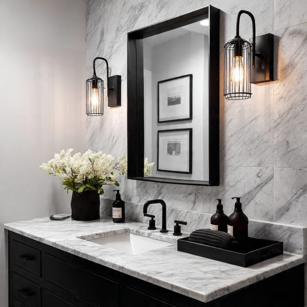 black framed mirrors for black and white bathroom