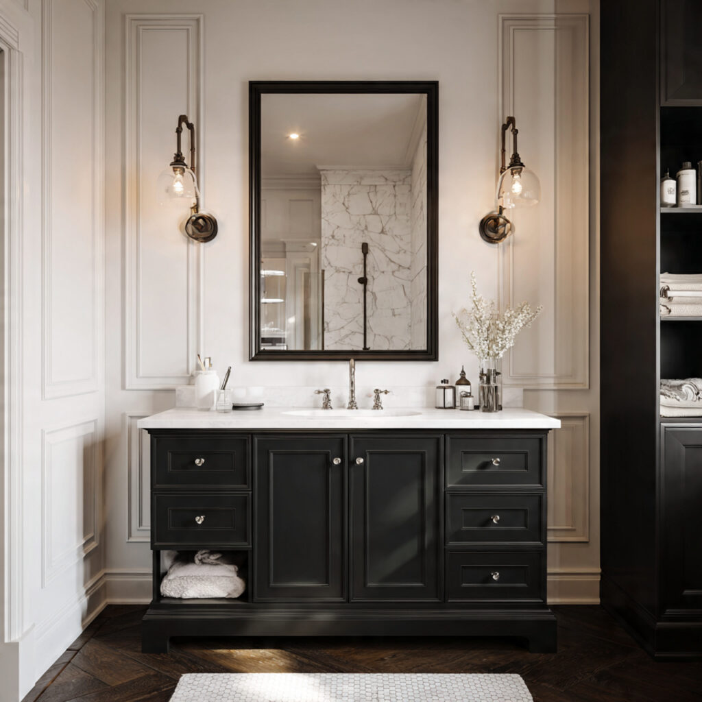 black vanity white countertop for black and white