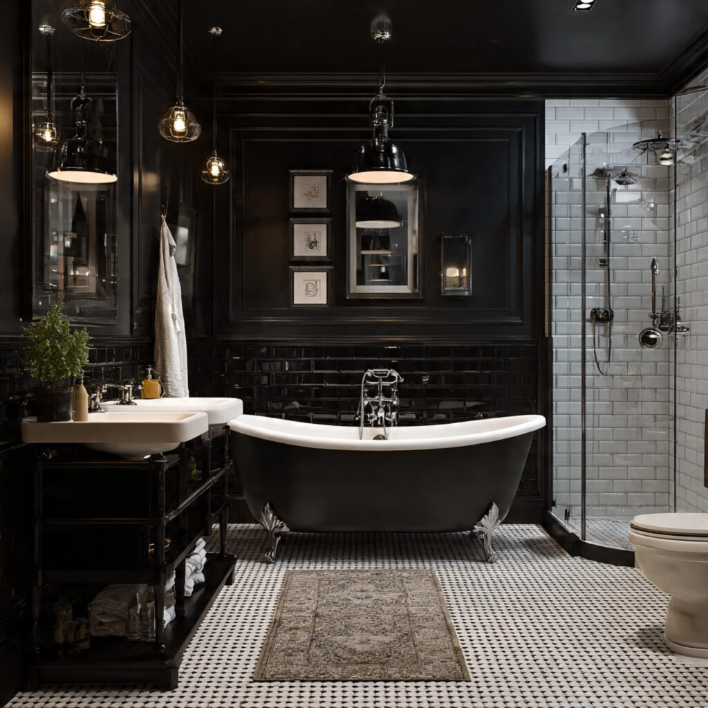 black walls white fixtures for black and white bat