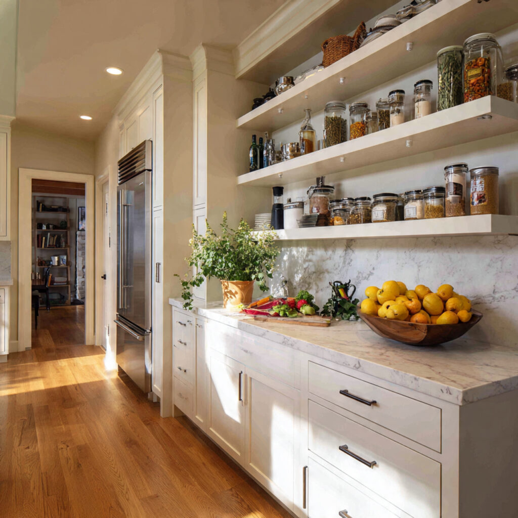 built in shelving for a custom feel for kitchen sh