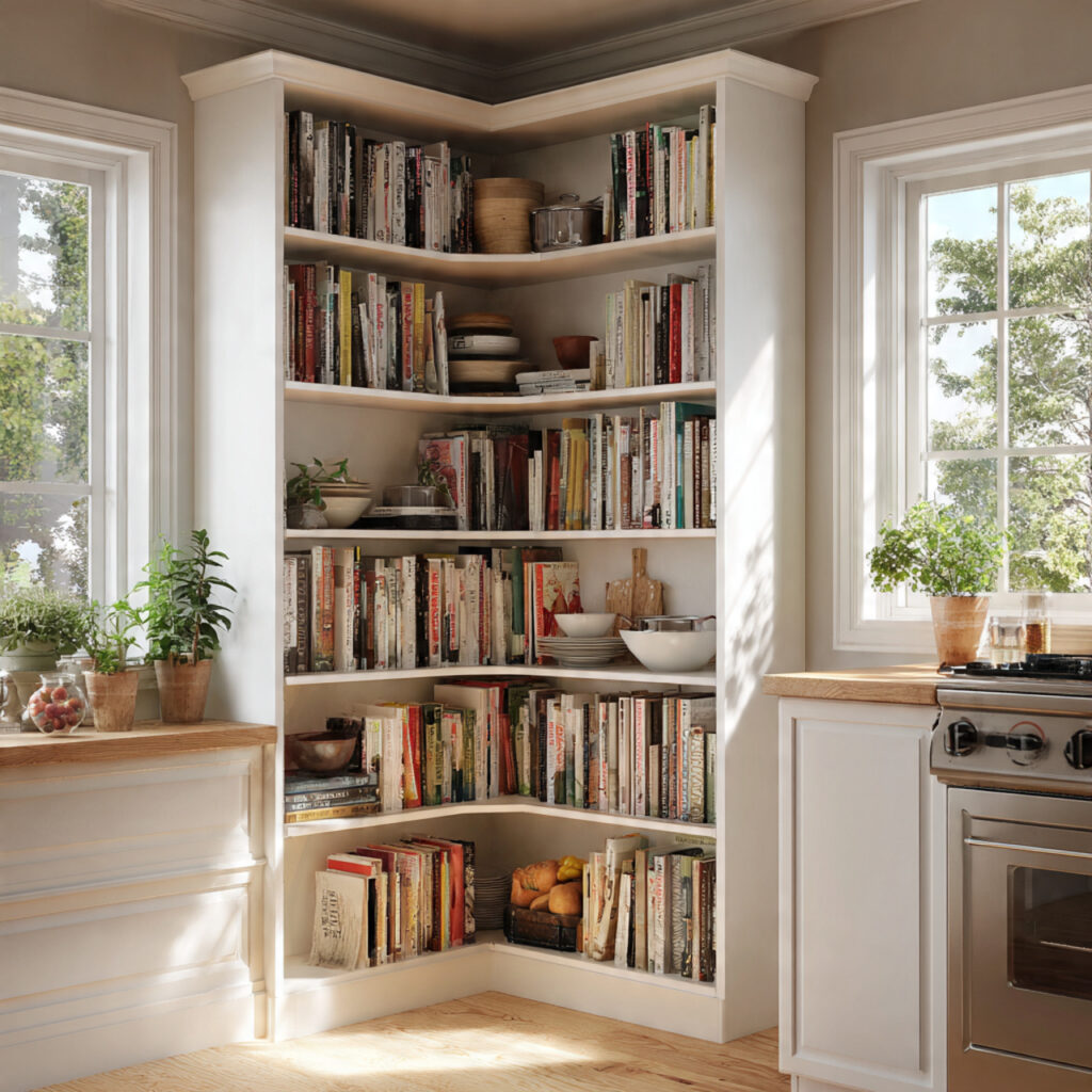 corner bookshelf for cookbooks for kitchen corner