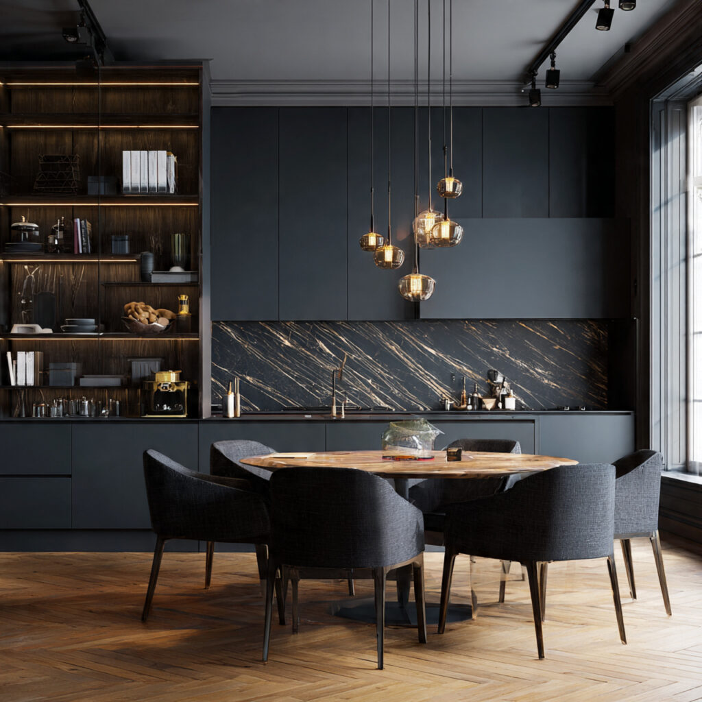 dark moody elegance for kitchen dining room combo