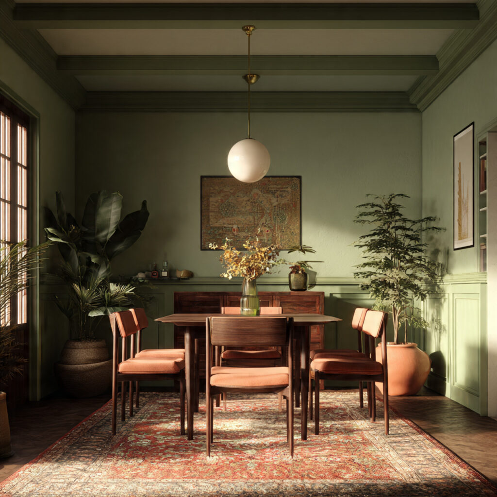 earthy green terracotta touches for dining room in