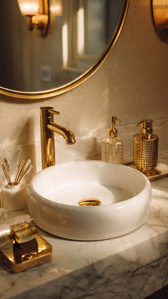 elegant bathroom sink setup with gold accents feat