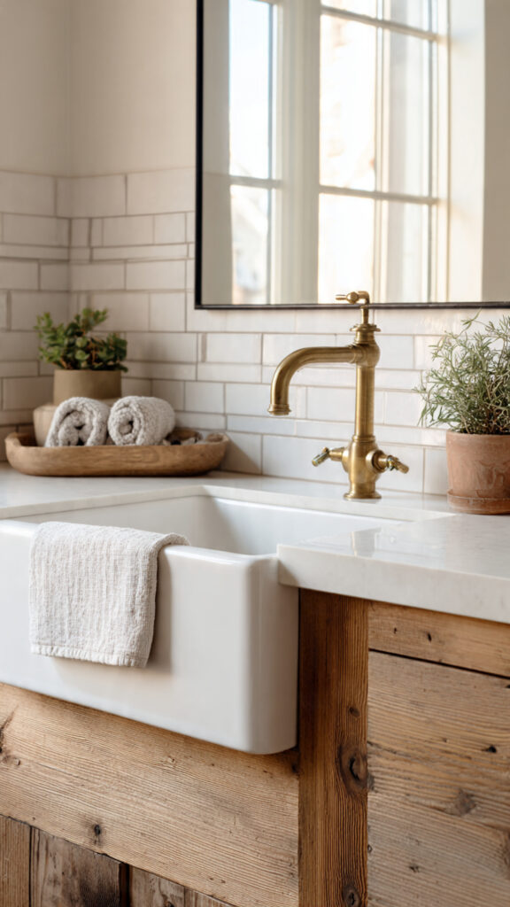 farmhouse style bathroom sink with a white apron f