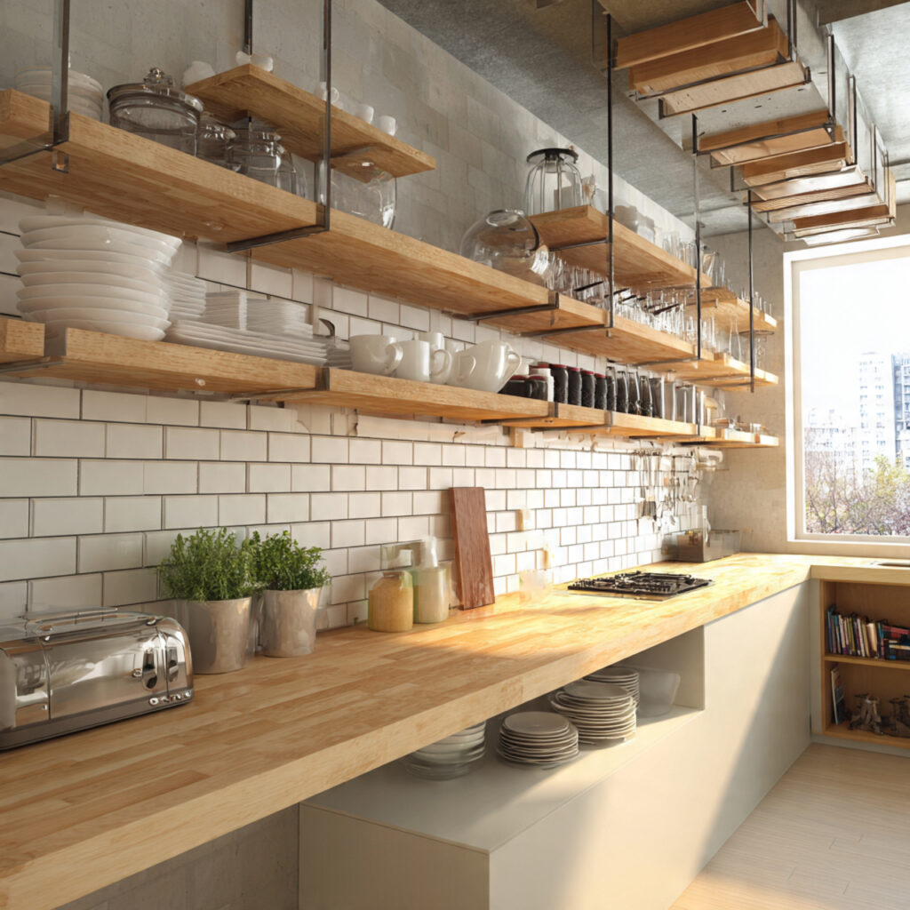 hanging shelves for a modern twist for kitchen she