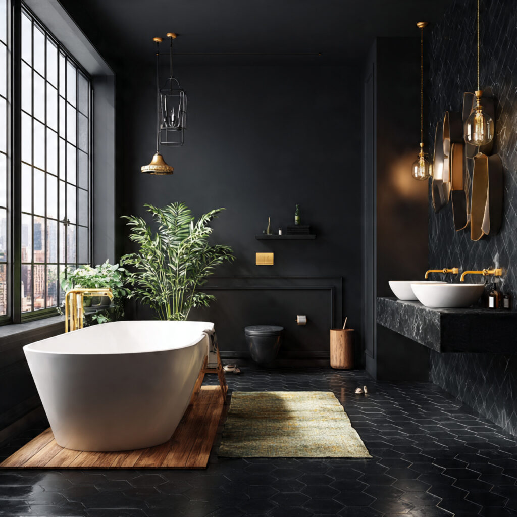 high contrast modern glam for black and white bath