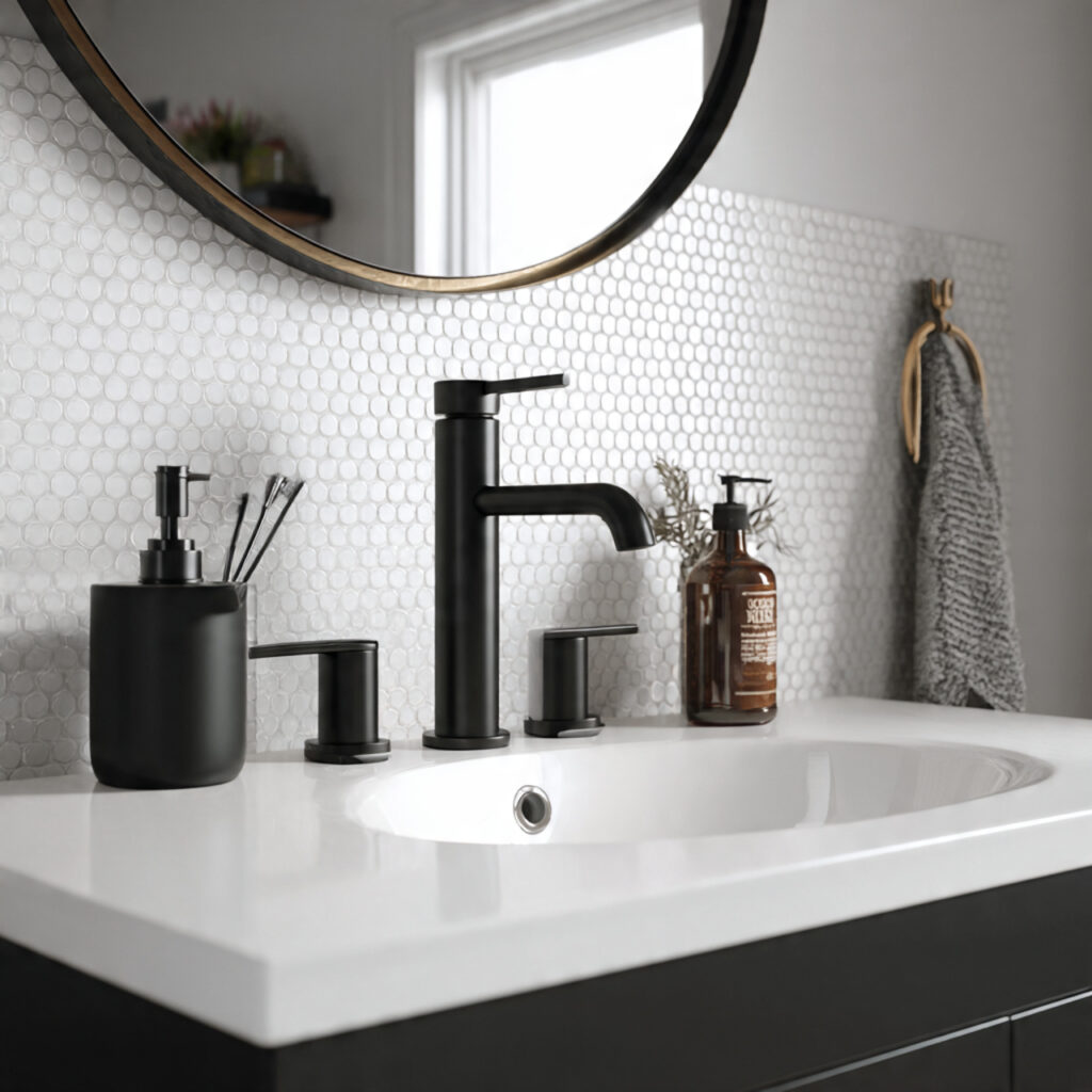 matte black fixtures for black and white bathroom