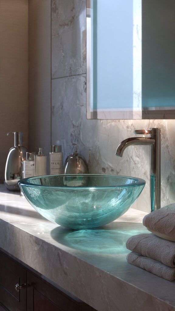 modern chic bathroom with a stylish glass vessel s