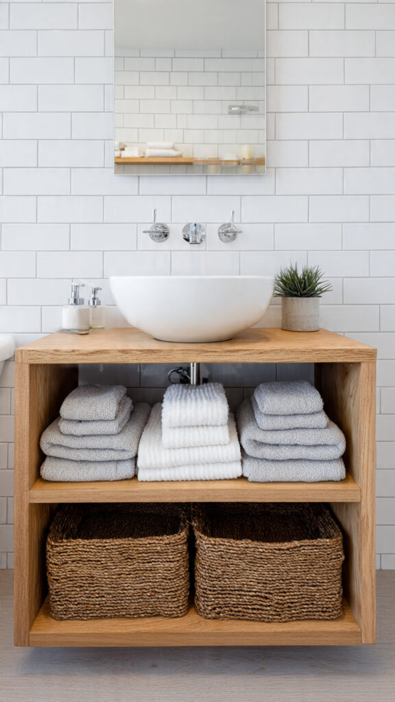 modern open shelf bathroom vanity with a vessel si