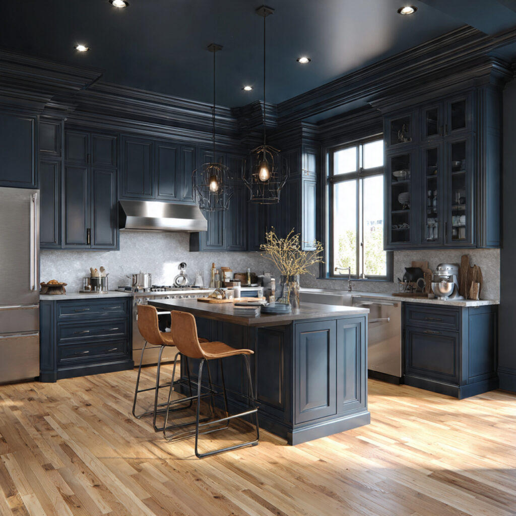 moody navy blue drama for kitchen color ideas
