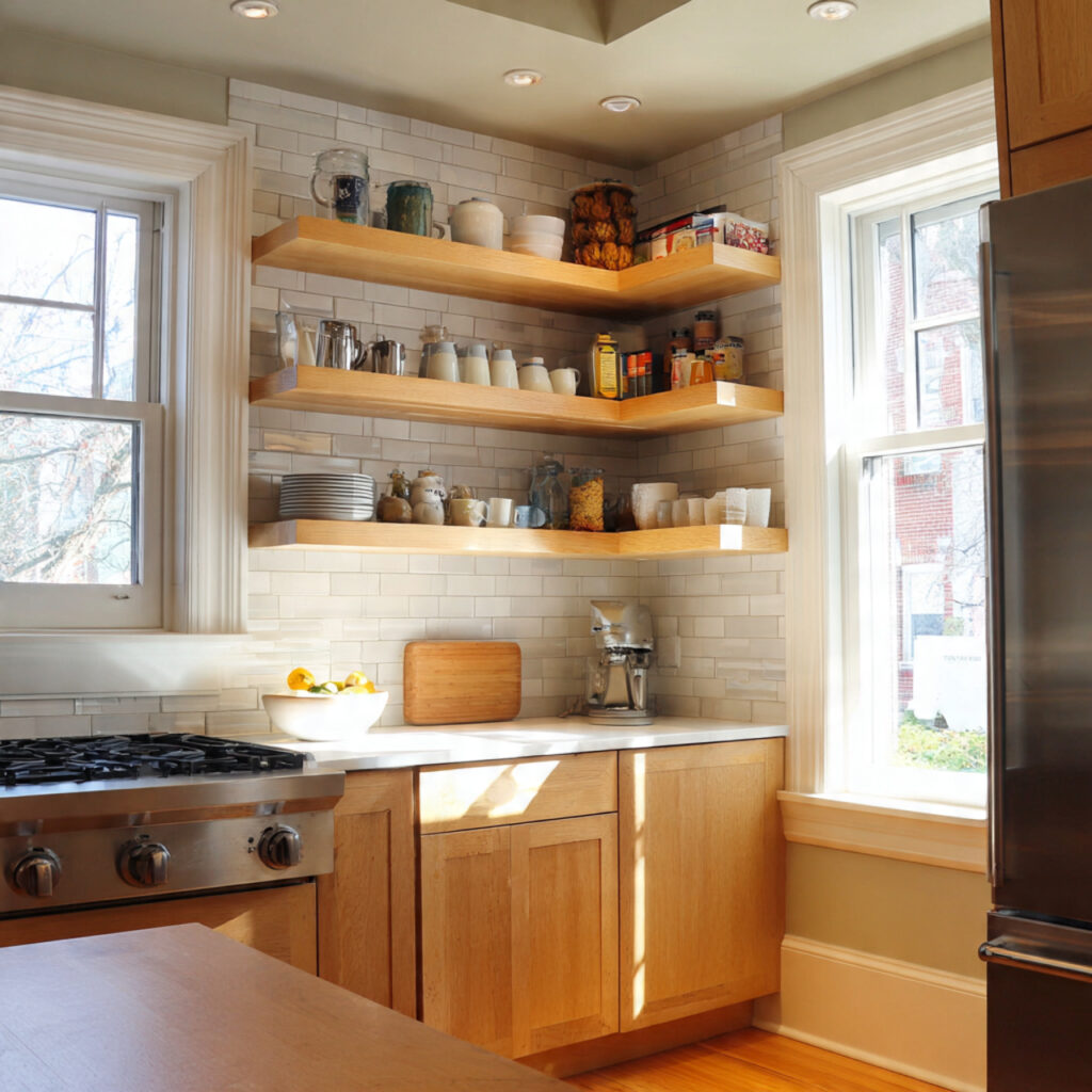 open corner shelving for kitchen corner