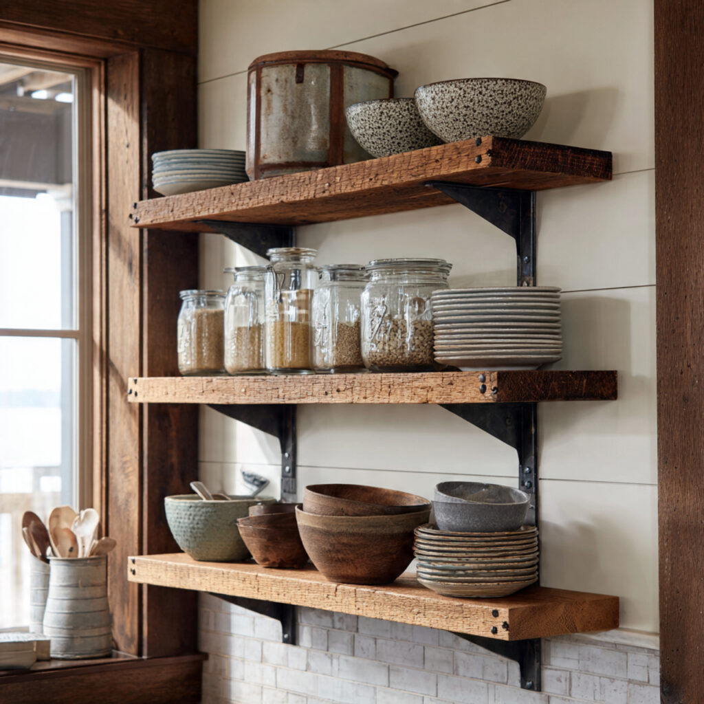 rustic farmhouse shelving for kitchen shelving