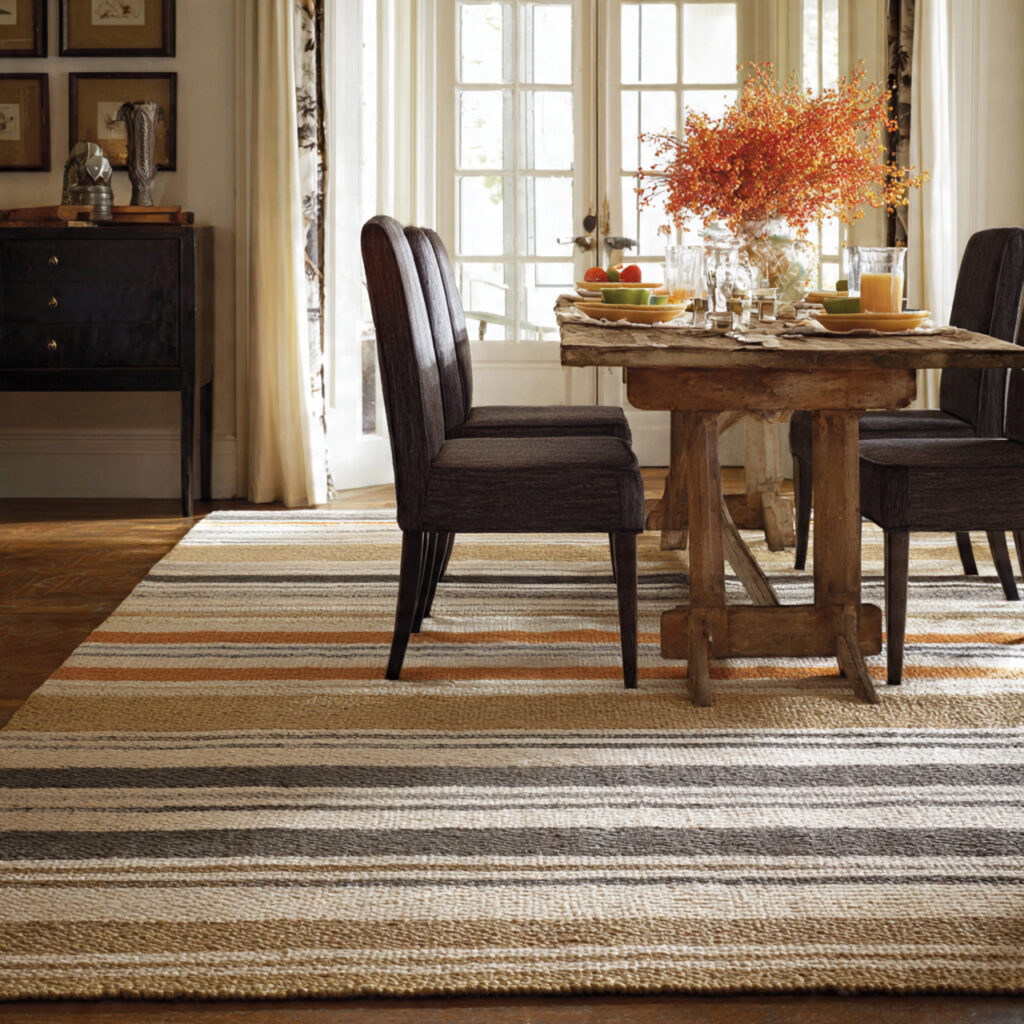 striped rug for visual length for dining room rug