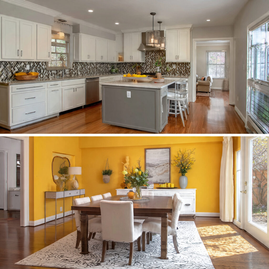 two tone color coordination for kitchen dining roo