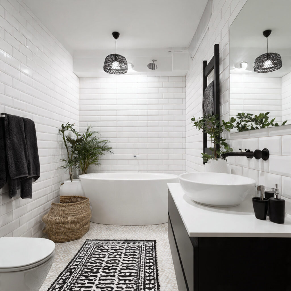 white bathroom with black accessories for black an