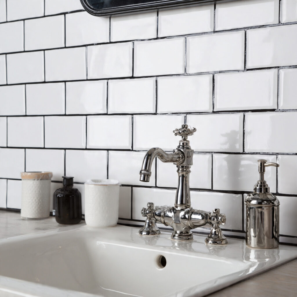 white subway tiles black grout for black and white