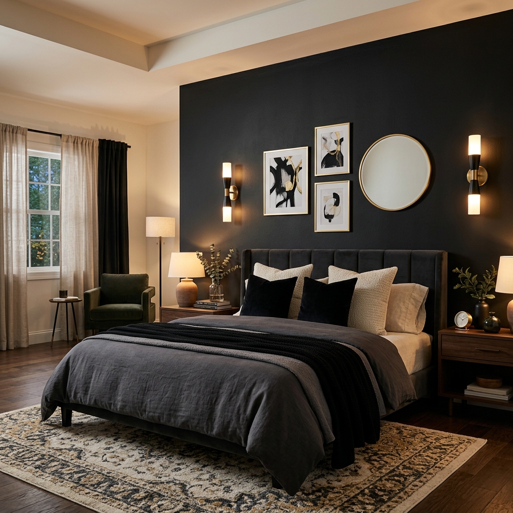 14 Dark Bedroom Ideas That Feel Moody, Luxe, and Seriously Addictive 5 Black Accent Wall Behind the Bed