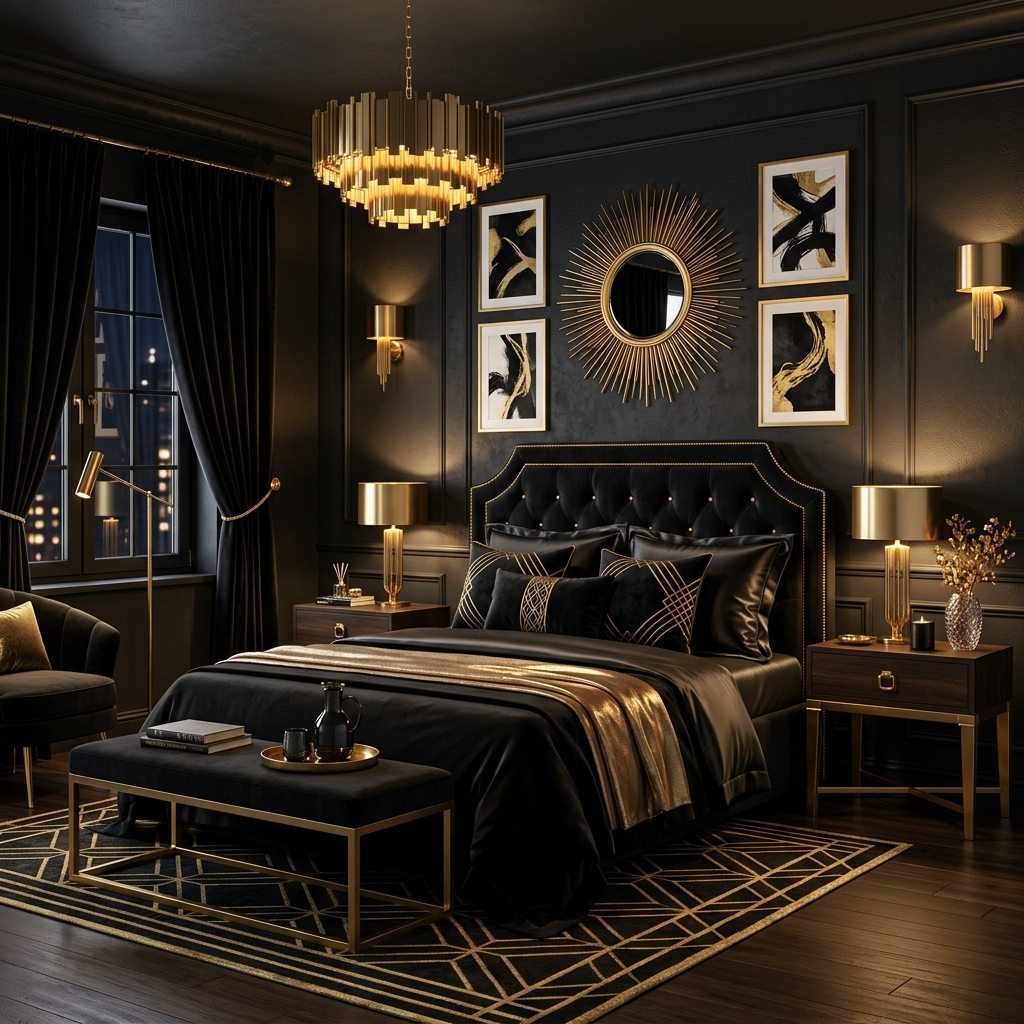 14 Dark Bedroom Ideas That Feel Moody, Luxe, and Seriously Addictive 7 Black Gold Glam Combo