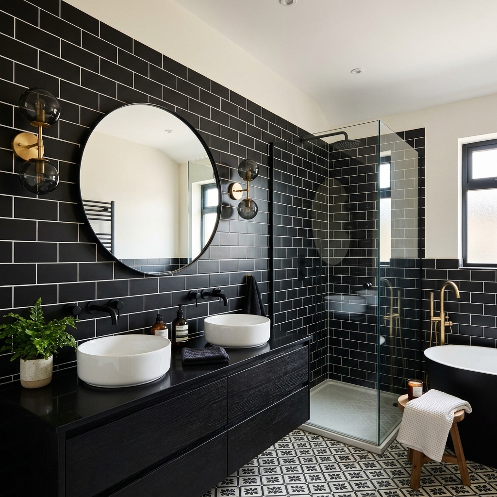 Black Tiles White Grout Contrast