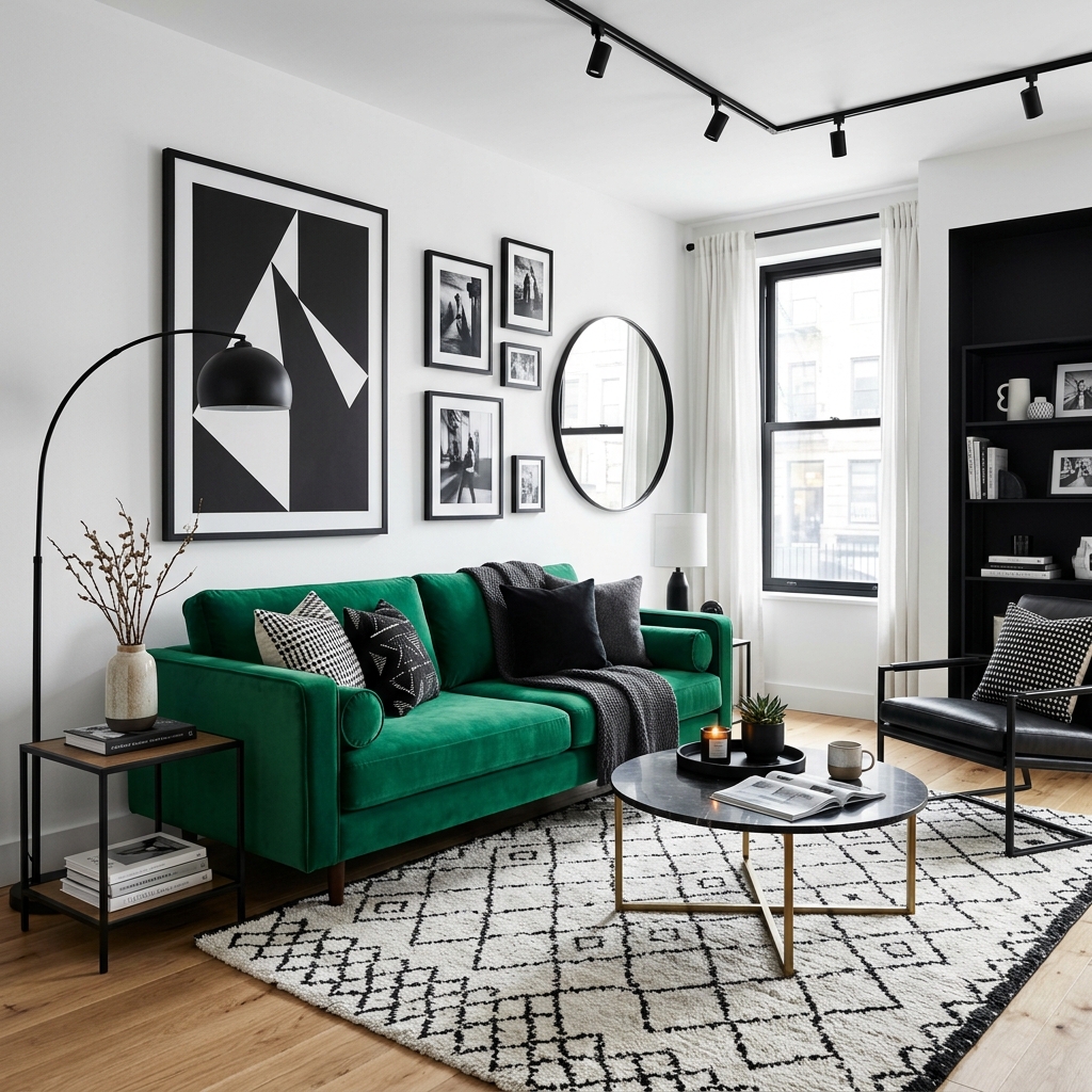14 Green Couch Living Room Ideas That’ll Instantly Make Your Space Look Designer-Level Chic 5 Black White Contrast for a Modern Edge