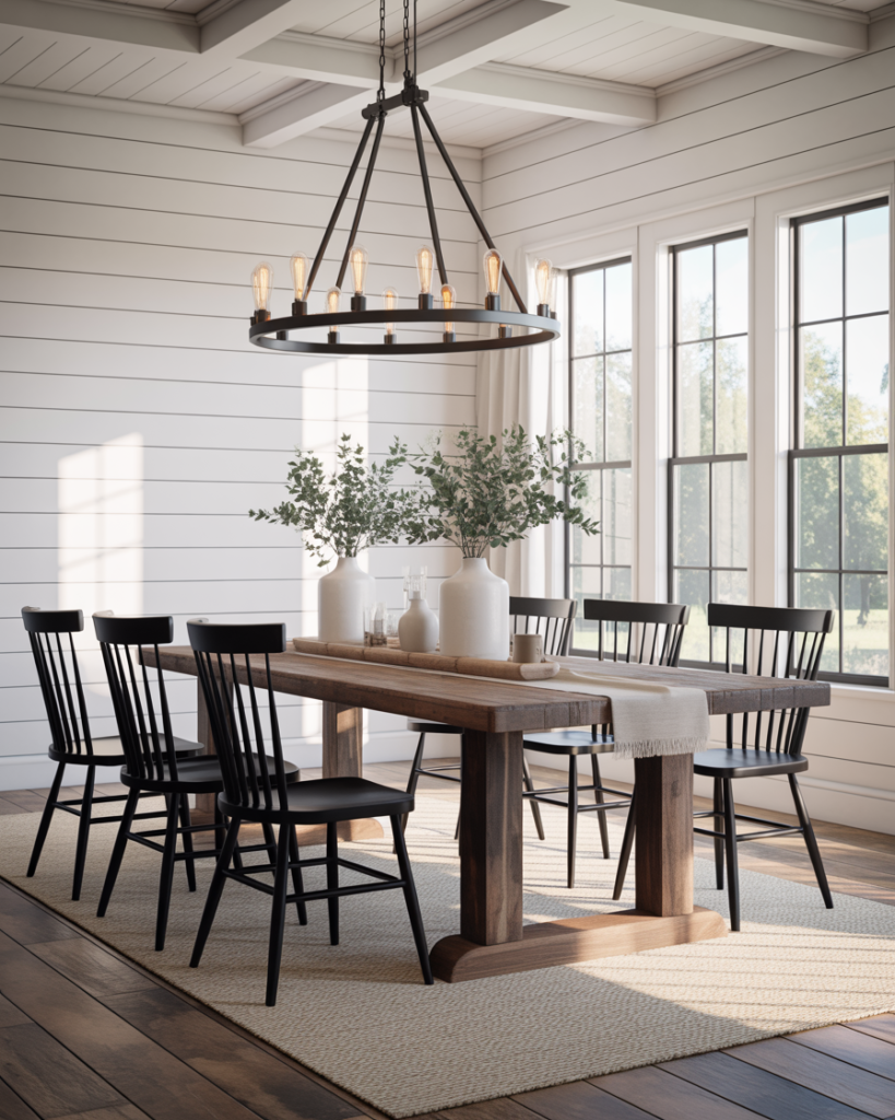 14 Modern Farmhouse Dining Room Ideas That Feel Straight Out of a Pinterest Dream (But Totally Livable) 6 Black and White Contrast Look