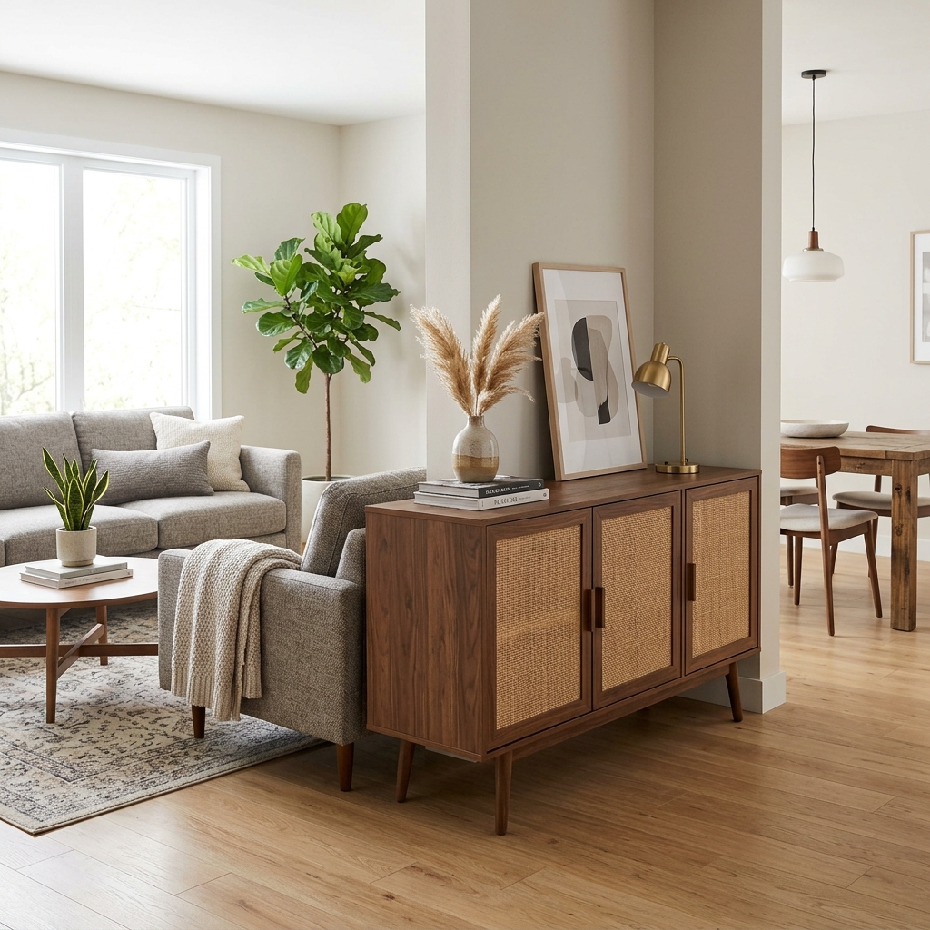 15 Living Room Divider Ideas That Will Instantly Upgrade Your Space (And Yes, You’ll Want Them All) 12 Cabinet or Sideboard Divider