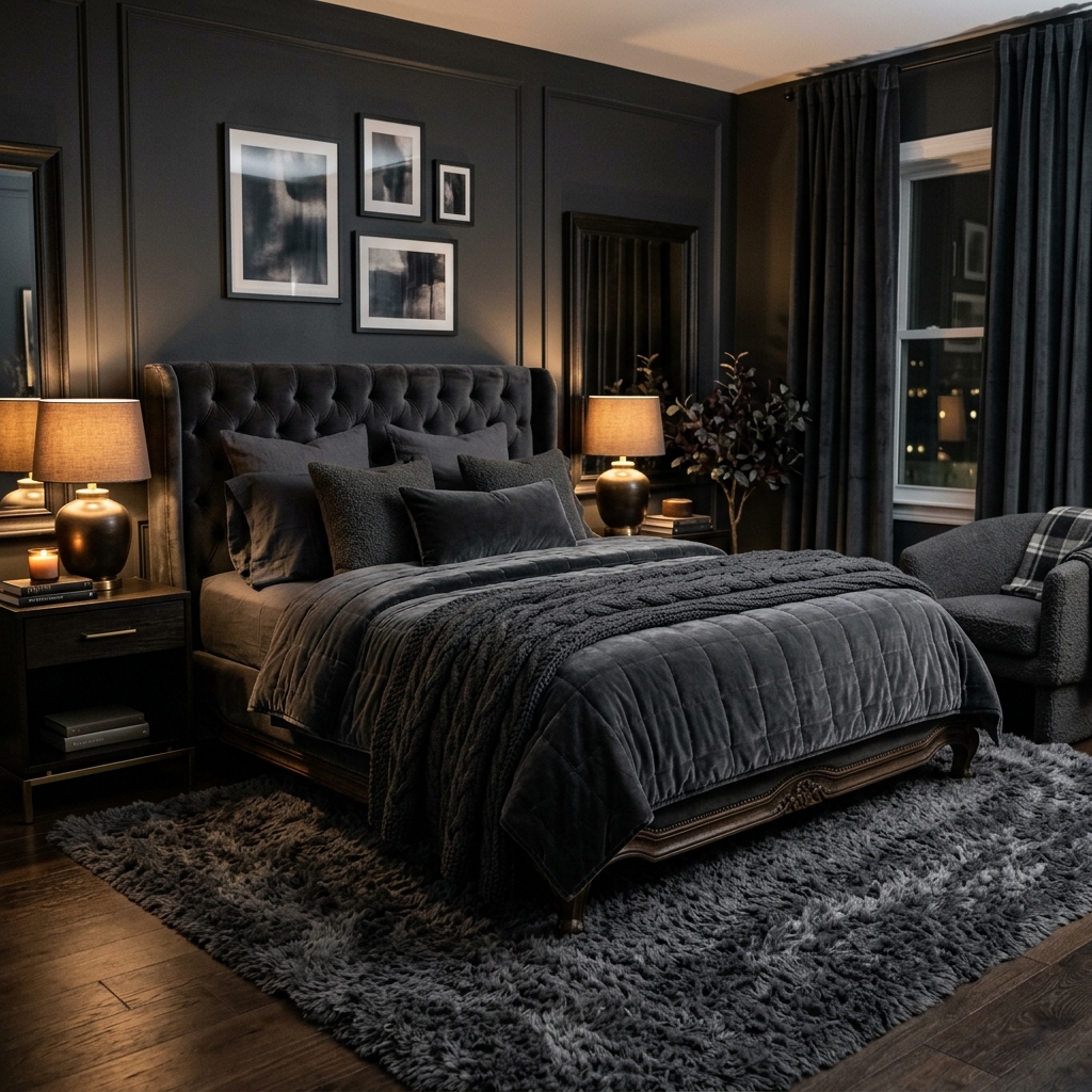 14 Dark Bedroom Ideas That Feel Moody, Luxe, and Seriously Addictive 4 Charcoal Gray Plush Textures 1