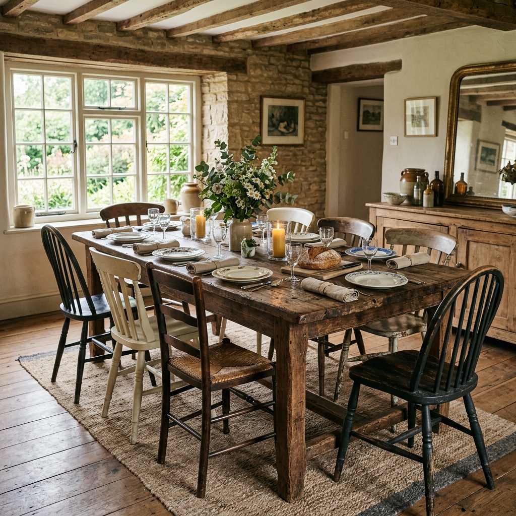 14 Farmhouse Dining Room Ideas That Feel Straight Out of a Pinterest Dream (But Way More Livable) 2 Classic Rustic Wood Table Mismatched Chairs