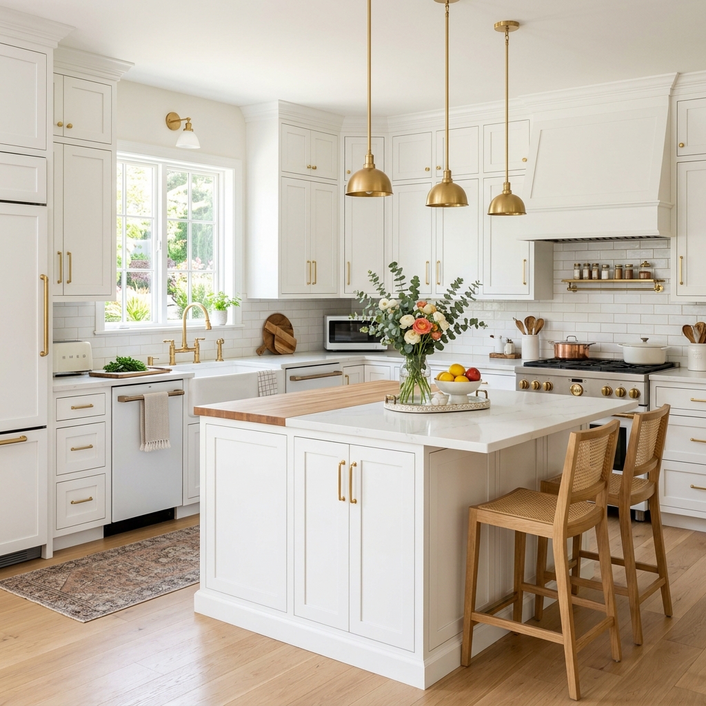 15 White Kitchen Ideas That Feel Straight Out of a Pinterest Dream (But Actually Work IRL) 2 Classic White Cabinets Gold Hardware