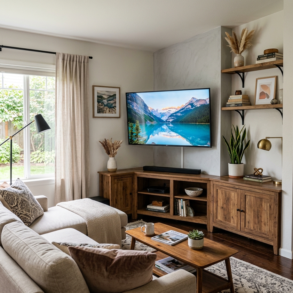15 Living Room TV Wall Ideas That Will Instantly Upgrade Your Space (Like… Why Didn’t You Do This Sooner?) 11 Corner TV Wall Setup