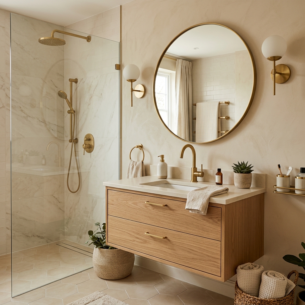 15 Neutral Bathroom Ideas That Feel Like a Spa (But Totally Livable) 7 Cream Brass Elegance