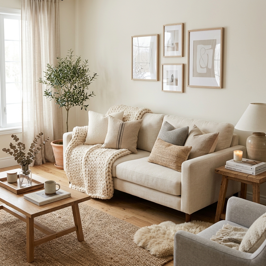 14 Neutral Living Room Ideas That Feel Expensive (But Totally Livable) 2 Cream Sofa Chunky Knit Throws