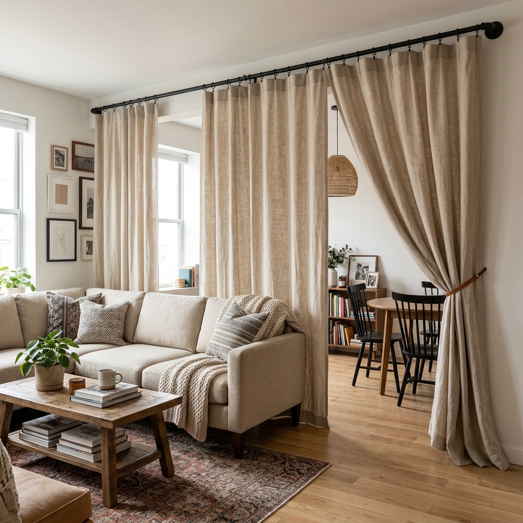 15 Living Room Divider Ideas That Will Instantly Upgrade Your Space (And Yes, You’ll Want Them All) 8 Curtain Rod Combo