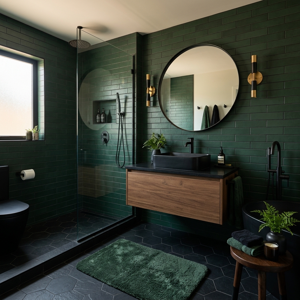 14 Green Bathroom Ideas That Will Instantly Upgrade Your Space (And Yes, You’ll Want Them All) 6 Dark Green Black Combo