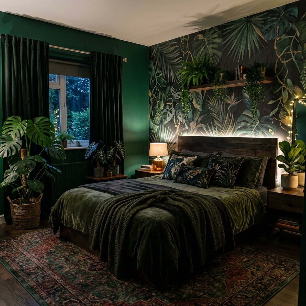 14 Dark Bedroom Ideas That Feel Moody, Luxe, and Seriously Addictive 6 Dark Green Jungle Vibes