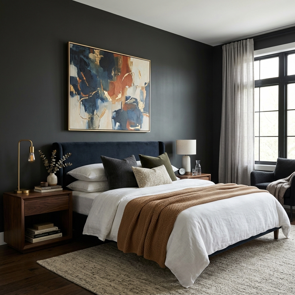 14 Dark Bedroom Ideas That Feel Moody, Luxe, and Seriously Addictive 11 Dark Walls Statement Art