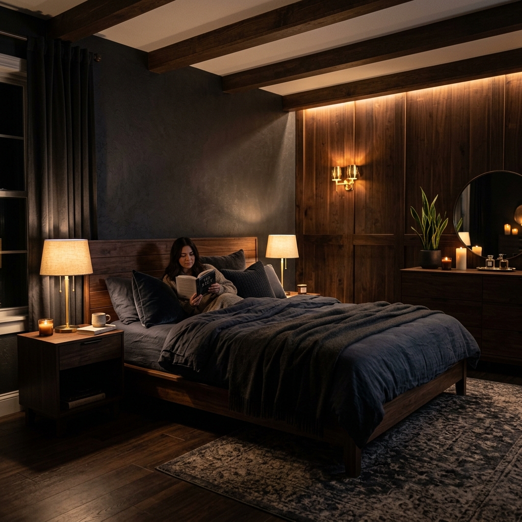 14 Dark Bedroom Ideas That Feel Moody, Luxe, and Seriously Addictive 9 Dark Wood Soft Lighting