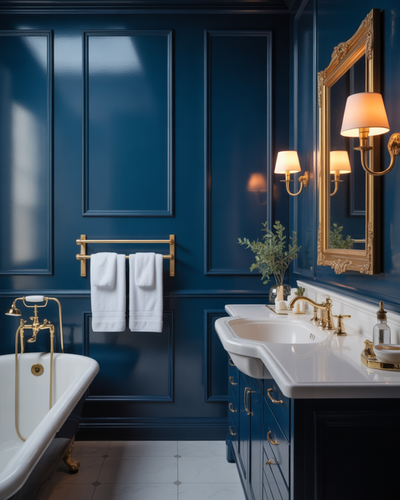 Deep Navy Walls Gold Fixtures