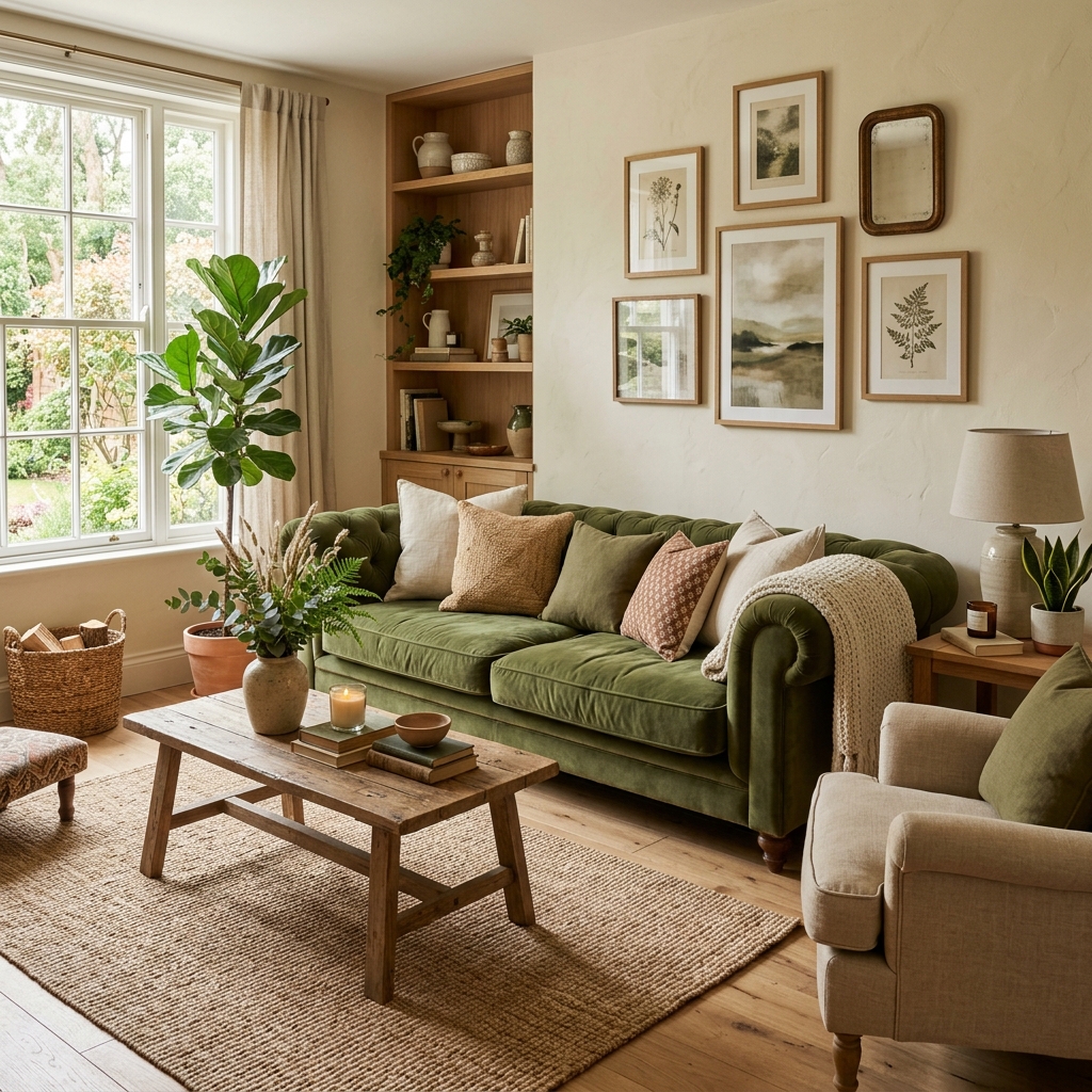 14 Green Couch Living Room Ideas That’ll Instantly Make Your Space Look Designer-Level Chic 2 Earthy Neutrals Green
