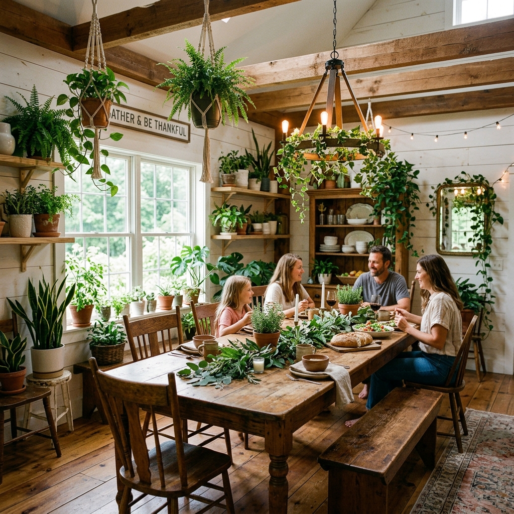 14 Farmhouse Dining Room Ideas That Feel Straight Out of a Pinterest Dream (But Way More Livable) 14 Farmhouse Dining with Greenery Everywhere