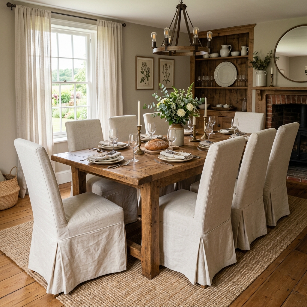 14 Farmhouse Dining Room Ideas That Feel Straight Out of a Pinterest Dream (But Way More Livable) 9 Farmhouse Table Slipcovered Chairs