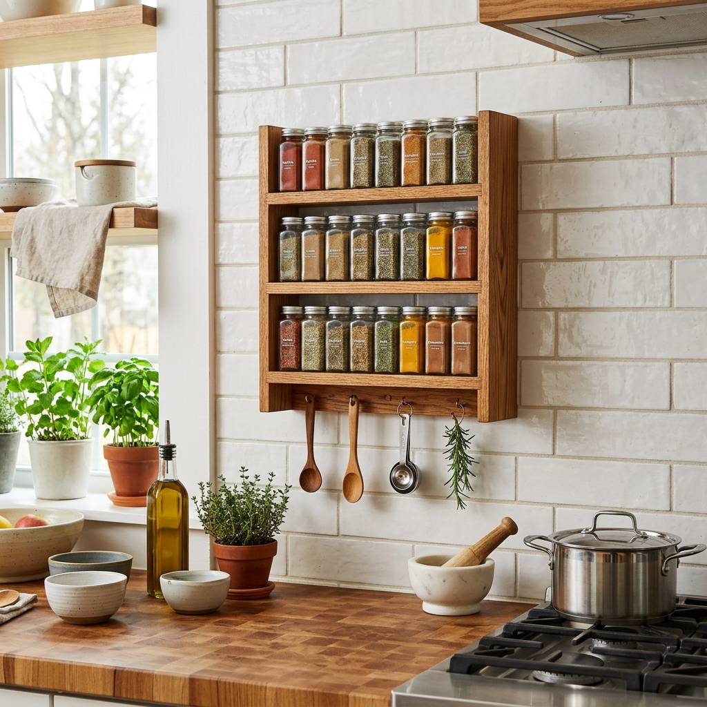 15 Kitchen Wall Decor Ideas That Instantly Make Your Space Look Pinterest-Perfect (Without Trying Too Hard) 15 Floating Spice Rack Display